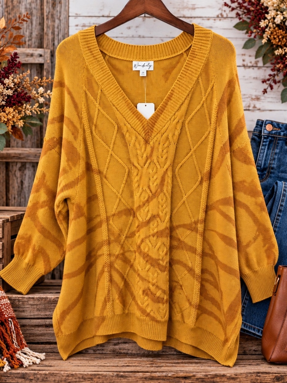 Wonderly Women’s 2X Mustard Cable Knit V-Neck Oversized Sweater NWT